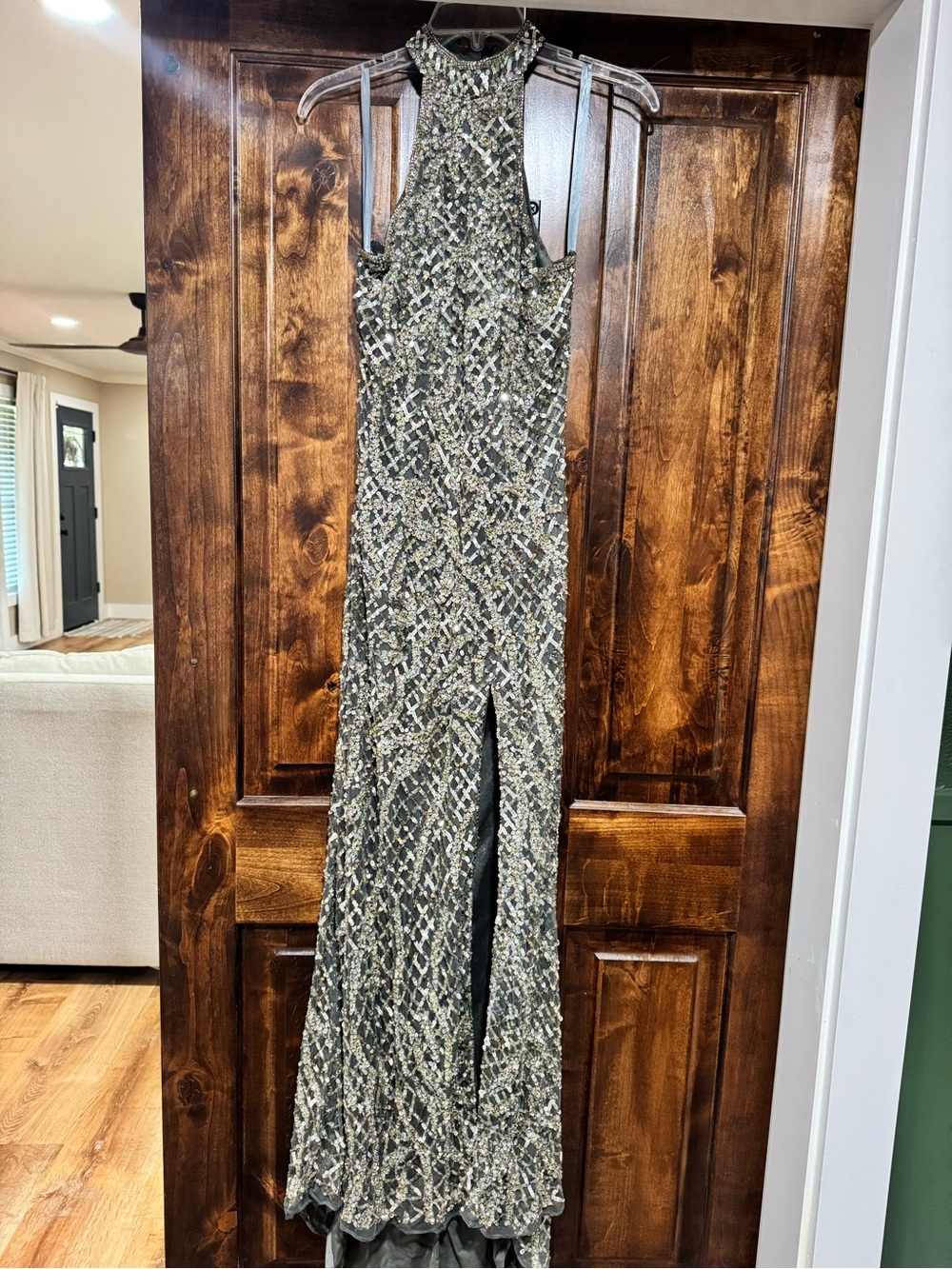 Mac Duggal Gold and Black Sequin Halter Evening Gown